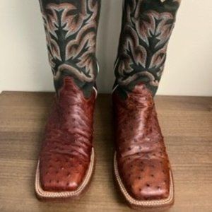 JUSTIN MEN'S BRANDY FULL QUILL OSTRICH SQUARE TOE BOOTS